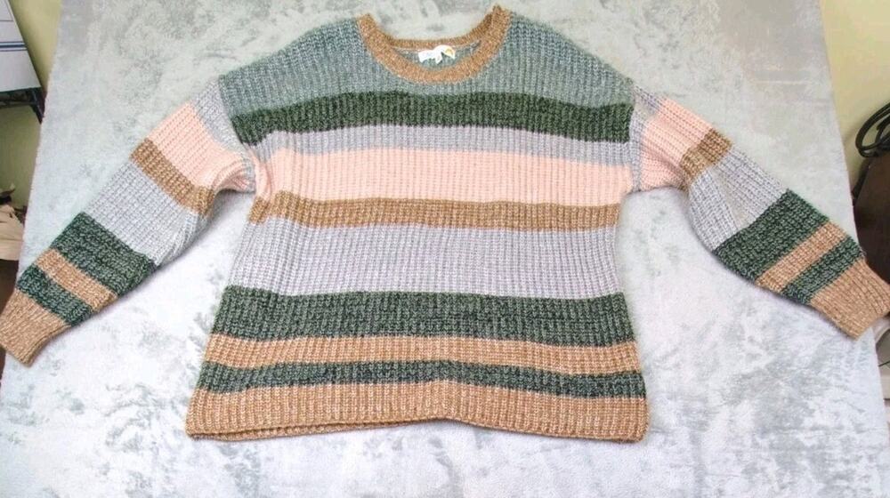 C&C California Women's Knit Striped Pullover Sweater Green/Gray Plus Size 1X